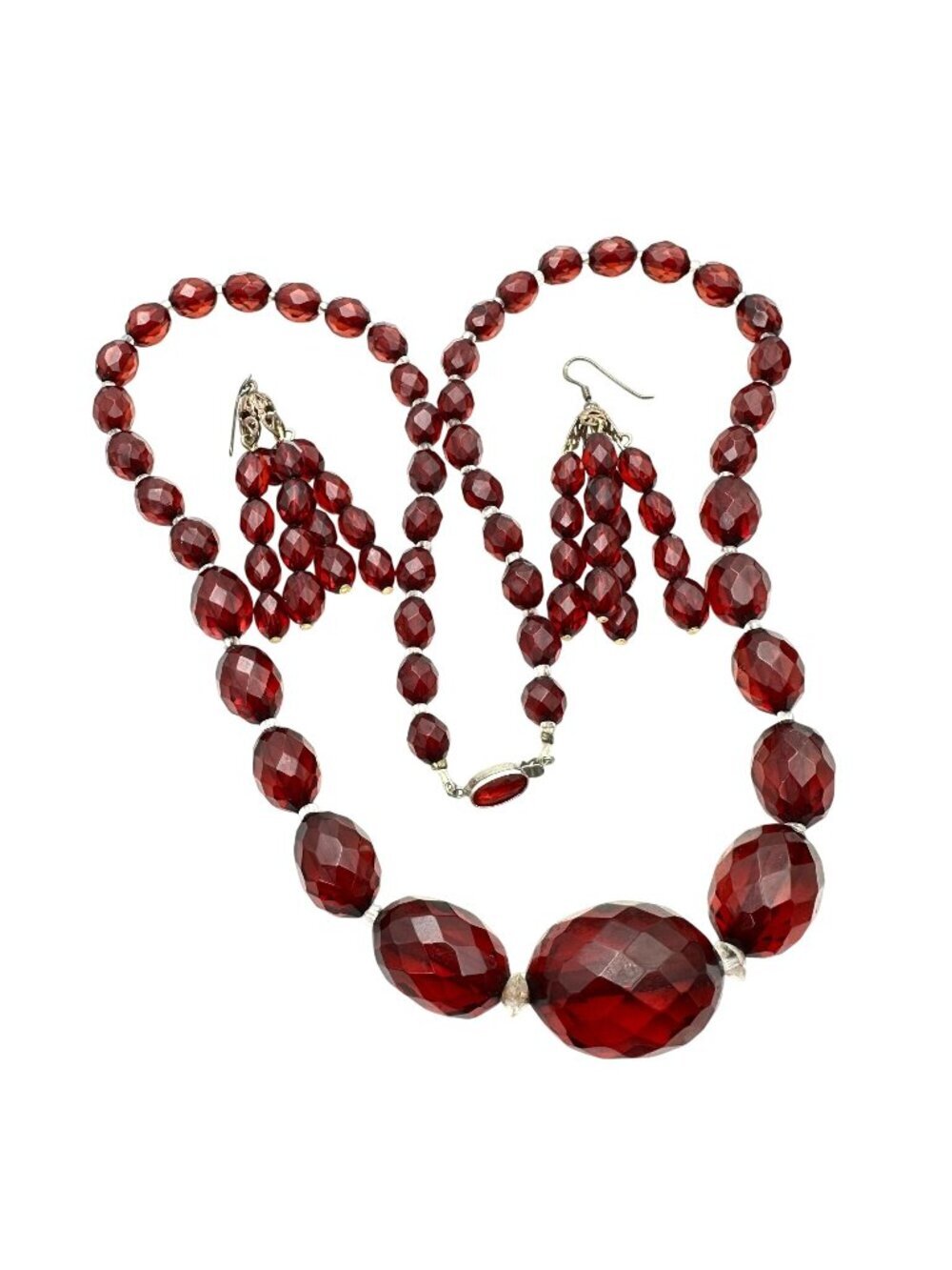 Vintage Bakelite Cherry Amber Bead 24 Inch Necklace And Earrings Set 58 Grams
